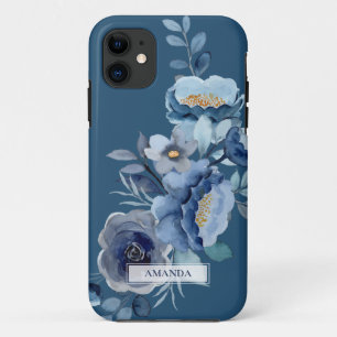 Navy Flowers   Blue Personalised Name Case-Mate iPhone Case