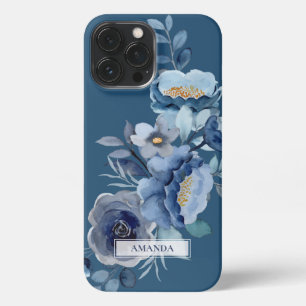 Navy Flowers   Blue Personalised Name iPhone 13 Pro Max Case