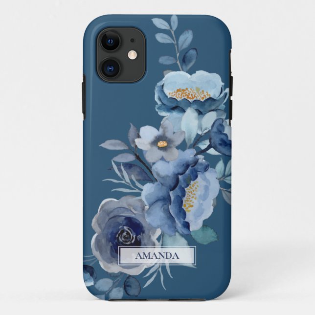 Navy Flowers | Blue Personalized Name Case-Mate iPhone Case (Back)