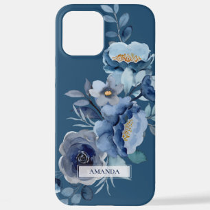 Navy Flowers   Blue Personalized Name iPhone 12 Pro Max Case