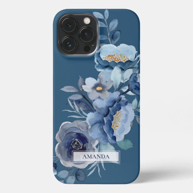 Navy Flowers | Blue Personalized Name iPhone Case (Back)