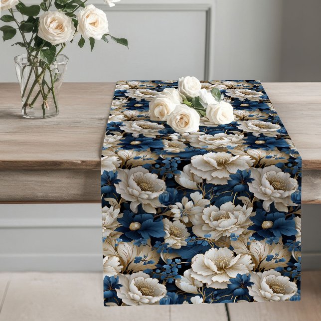 Navy Flowers Ivory Dining Table Runner (Navy Flowers Ivory Dining Table Runner)