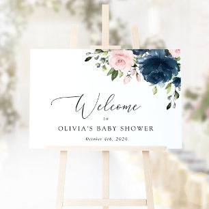 Navy Flowers, Pink Flowers, Baby Shower Welcome Poster