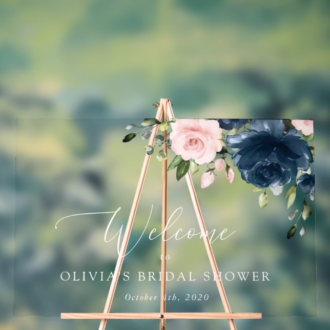 Navy Flowers, Pink Flowers, Bridal Shower Welcome Acrylic Sign (Neutral)