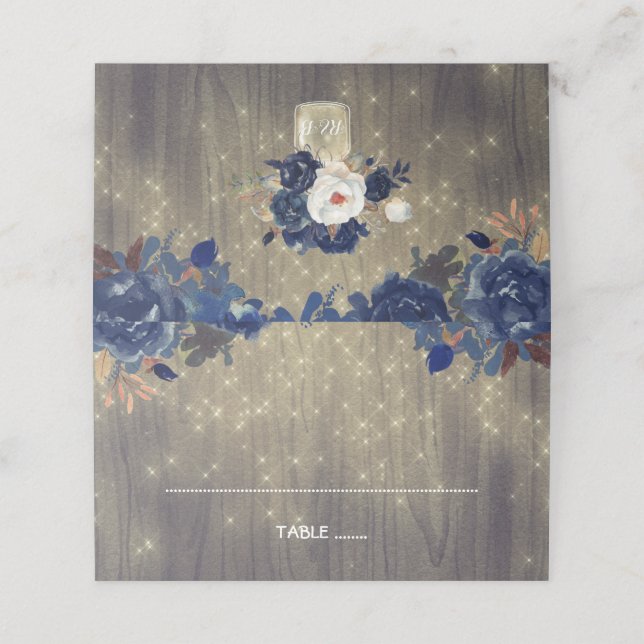 Navy Flowers Rustic Wood Mason Jar Wedding Place Card (Outside Unfolded)