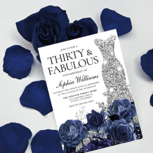 Navy Flowers & Silver Diamond Dress 30th Birthday Invitation