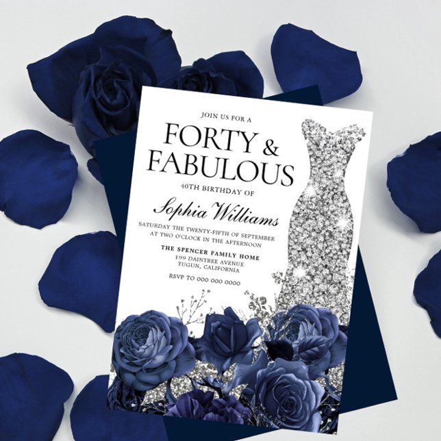 Navy Flowers & Silver Diamond Dress 40th Birthday Invitation (Creator Uploaded)