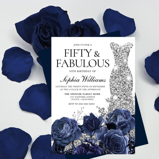 Navy Flowers & Silver Diamond Dress 50th Birthday Invitation (Creator Uploaded)