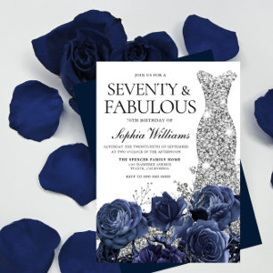 Navy Flowers & Silver Diamond Dress 70th Birthday Invitation