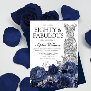Navy Flowers & Silver Diamond Dress 80th Birthday Invitation