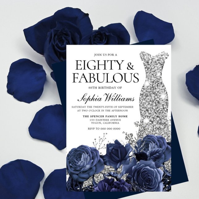 Navy Flowers & Silver Diamond Dress 80th Birthday Invitation (Creator Uploaded)