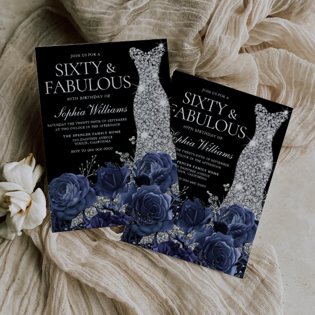 Navy Flowers & Silver Dress Black 60th Birthday Invitation (Creator Uploaded)