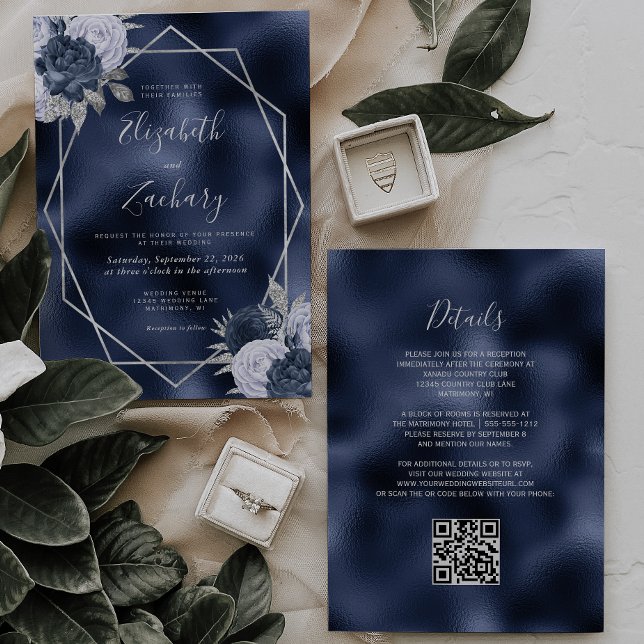 Navy Foil Dusty Blue Silver Floral QR Code Wedding Invitation (Creator Uploaded)