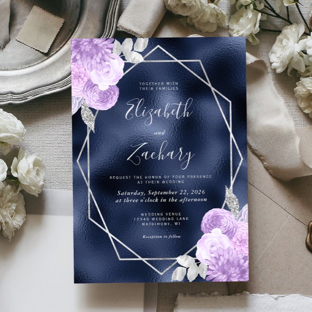Navy Foil Lilac Silver Floral Wedding Invitation (Creator Uploaded)