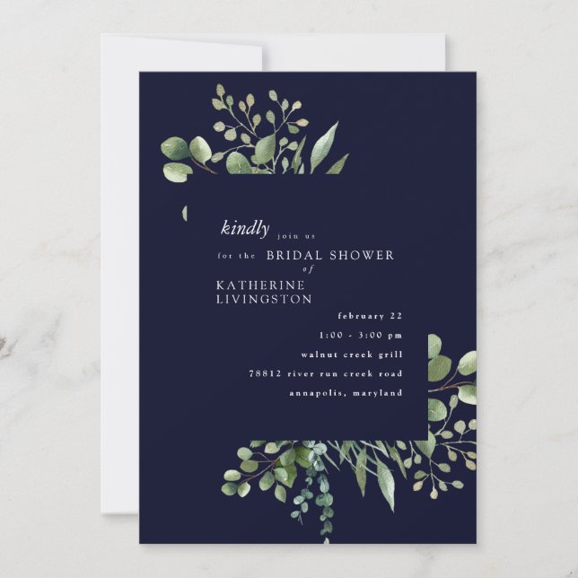 Navy Foliage Bridal Shower Invitation (Front)