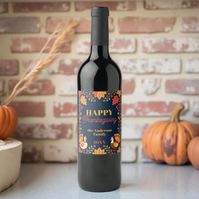 Navy Folk Art Turkey Thanksgiving Dinner Wine Label (Creator Uploaded)
