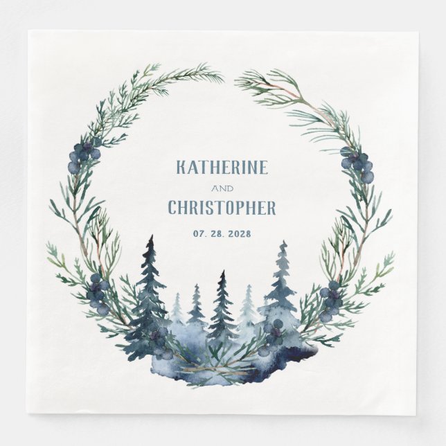 Navy Forest Woodland Spruce Juniper Berries Wreath Napkin (Front)