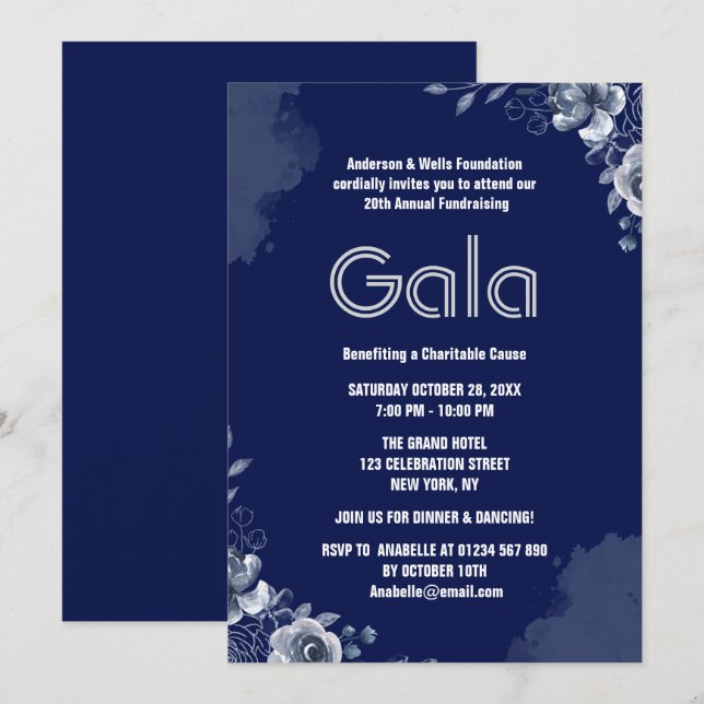 Navy Formal Corporate Gala Ball Party Fundraiser  Invitation (Front/Back)