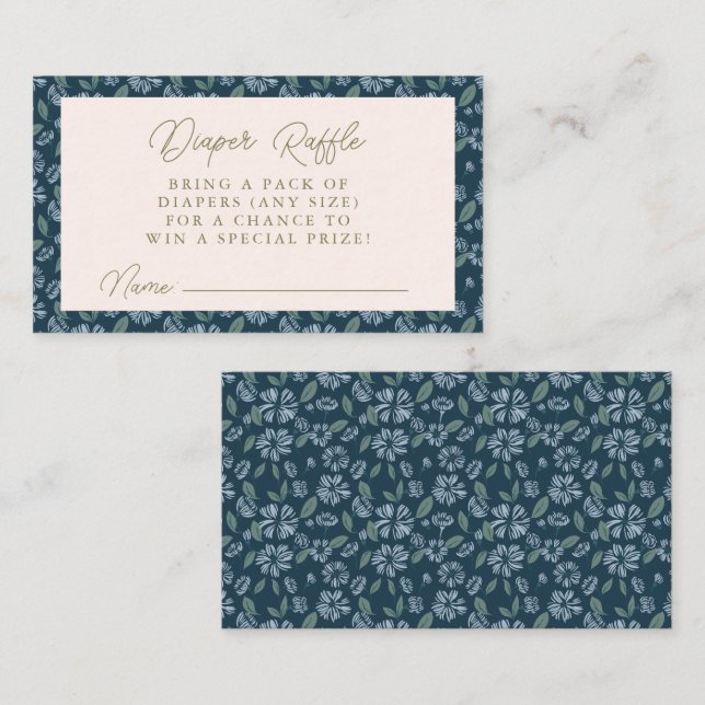Navy Frost Bloom Floral Baby Shower Diaper Raffle Enclosure Card (Front/Back)