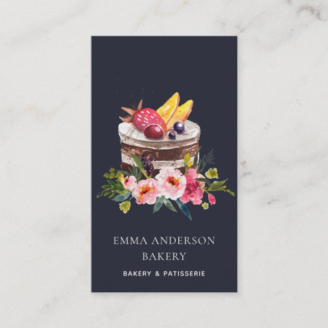 NAVY FRUIT FLORAL CAKE PATISSERIE CUPCAKE BAKERY BUSINESS CARD (Front)