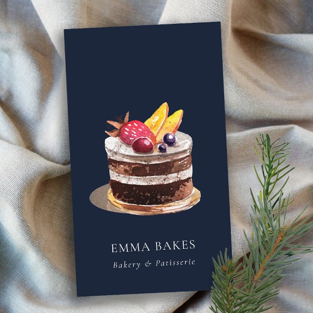 NAVY FRUIT FLORAL CAKE PATISSERIE CUPCAKE BAKERY BUSINESS CARD (Creator Uploaded)