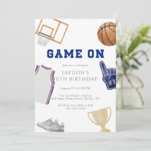 Navy Game On Basketball Birthday Jersey Watercolor Invitation