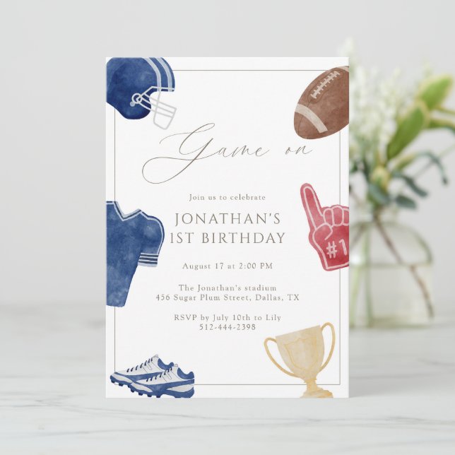 Navy Game On Football Birthday Invitation (Standing Front)