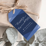 Navy Geo Script Hanukkah Gift Tags<br><div class="desc">Dress up your Hanukkah gifts with these elegant,  modern tags in rich navy blue. Overlapping geometric shapes in gradient shades of blue provide the perfect backdrop for "Happy Hanukkah" in modern white handwritten style typography and two lines of your custom text.</div>