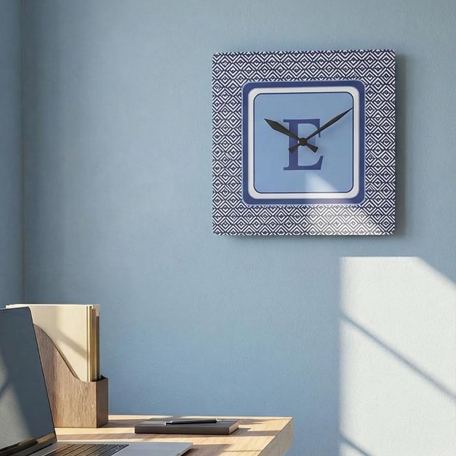 Navy Geometric Chevron Monogram Design Square Wall Clock (Creator Uploaded)