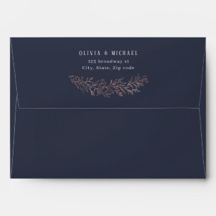 Navy gilded rose gold botanical return address envelope