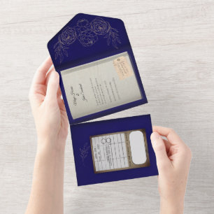 Navy Gilded Roses Library Book Wedding Invitation