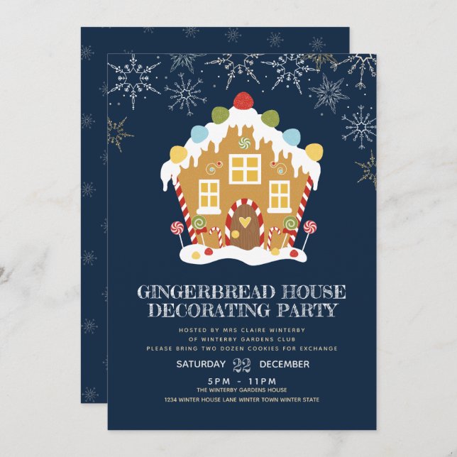 Navy Gingerbread House Decorating Party Invitation (Front/Back)