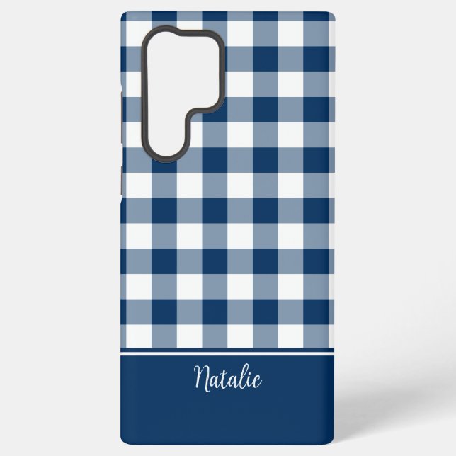 Navy Gingham Check MagSafe Tough Samsung Galaxy S22 Ultra Case (Back)