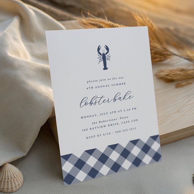 Navy Gingham | Classic Summer Lobster Bake Party Invitation (Creator Uploaded)