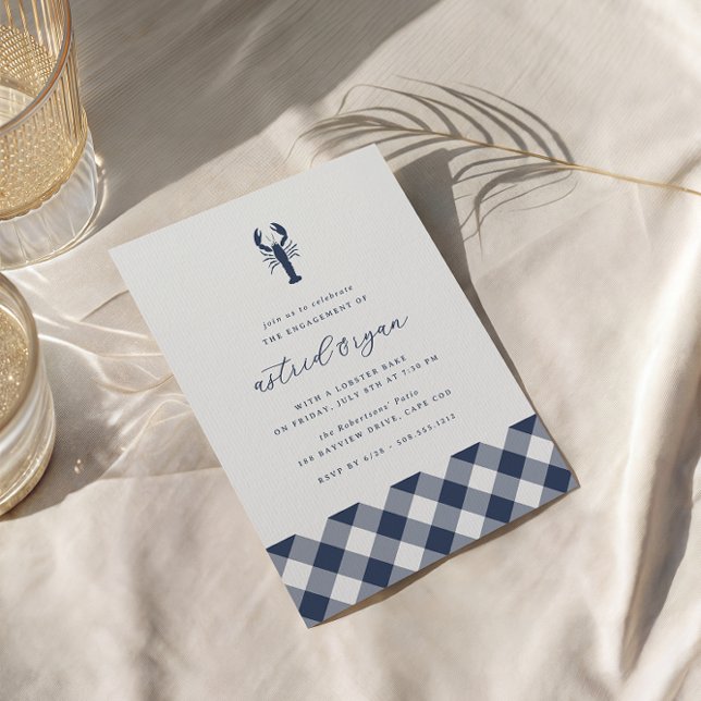 Navy Gingham | Lobster Bake Engagement Party Invitation (Coastal lobster engagement party invitations)