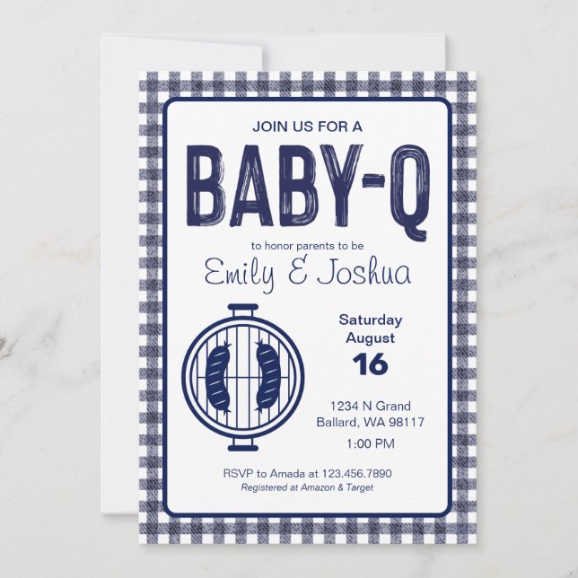 Navy Gingham Plaid Baby Shower Invitation (Front)