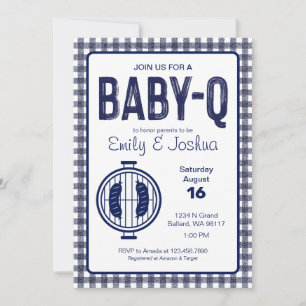 Navy Gingham Plaid Baby Shower Invitation