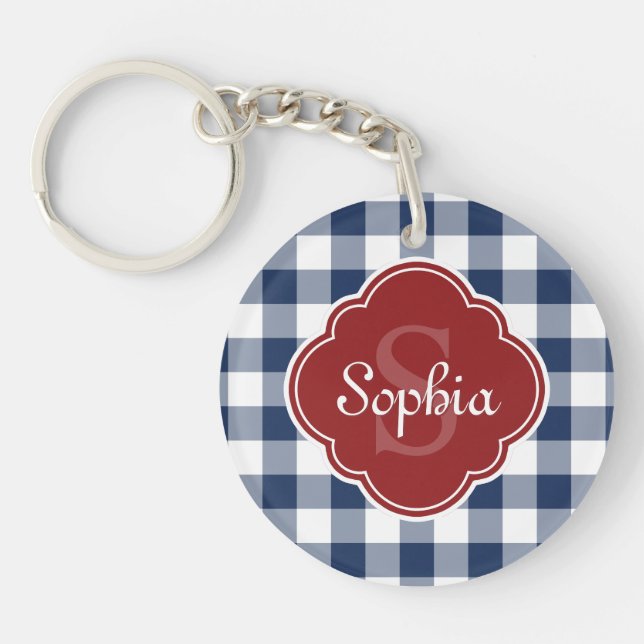 Navy Gingham Red Quatrefoil Monogram Key Ring (Front)