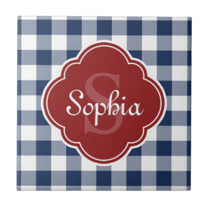 Navy Gingham Red Quatrefoil Monogram Tile