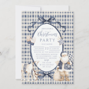 Navy Gingham Santa Christmas Invitation