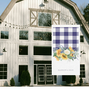 Navy Gingham Sunflowers Personalised Names Wedding Napkin