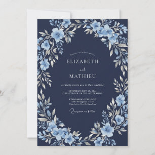Navy Glacial Botanical Winter Wedding Invitation