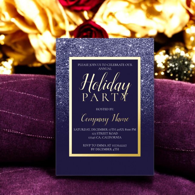 Navy glitter gold business corporate Christmas (Navy glitter gold business corporate Christmas Foil Invitation)