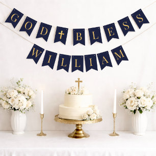Navy God Bless 7 Letters Gold Baptism Communion Bunting