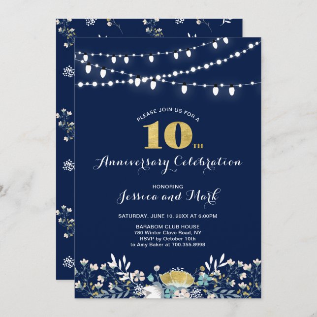 Navy & Gold 10th Wedding Anniversary Invitation (Front/Back)