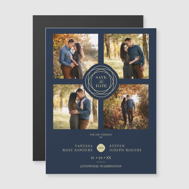 Navy Gold 4 Photos Modern Collage Wedding Script (Front/Back)