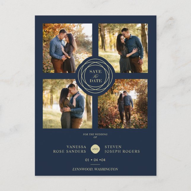 Navy Gold 4 Photos Modern Collage Wedding Script Postcard (Front)