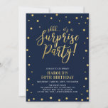 Navy & Gold | Adult 50th Surprise Birthday Party Invitation<br><div class="desc">Celebrate your special day with this stylish modern surprise birthday party invitation template. This design features chic gold textured confetti and calligraphy with a navy background. You can customise it to any age or event.</div>