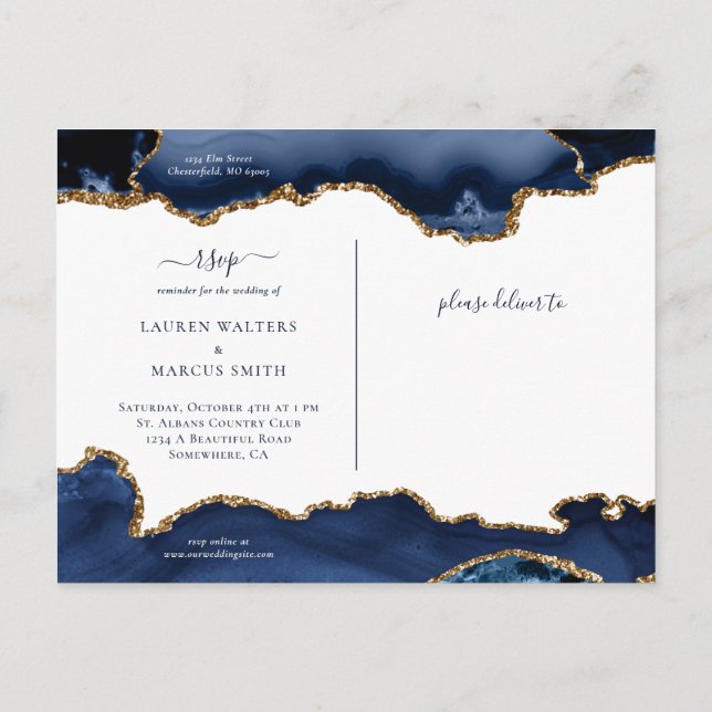 Navy Gold Agate Geode Gemstone Wedding Announcemen Announcement Postcard (Back)
