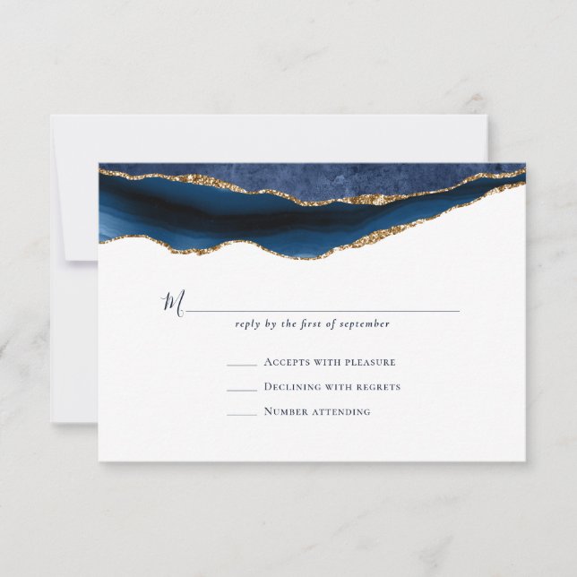 Navy Gold Agate Geode Marble Wedding RSVP Card (Front)